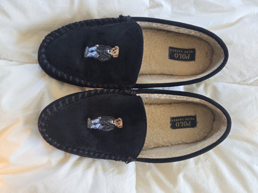 Polo Ralph Lauren Slippers Mens Size 9 Black Dezi IV Bear Moccasin Fur Lined tux
